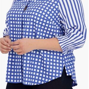 Foxcroft Olivia Gingham Stripe Combo Ruffle 3/4 Sleeve Button Up Shirt Size XS